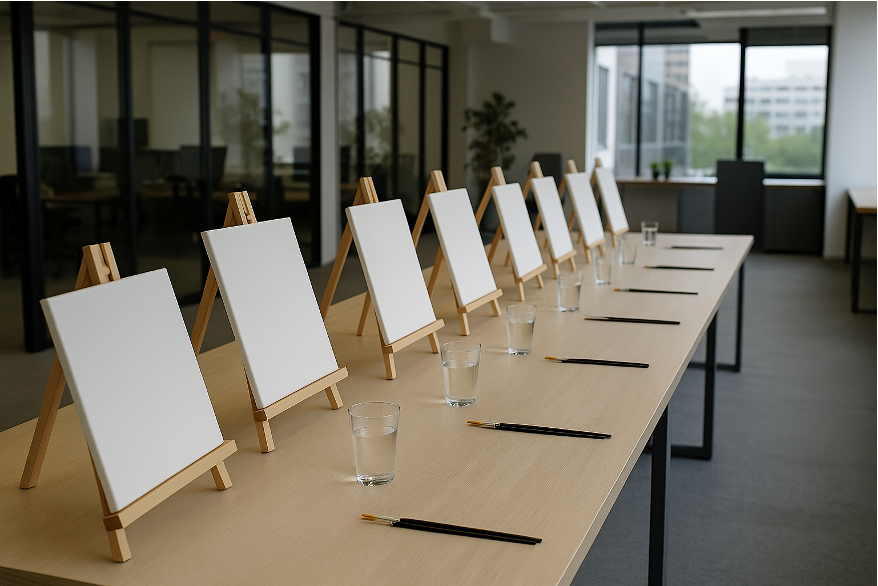 An office environment set up for a workplace art therapy session.