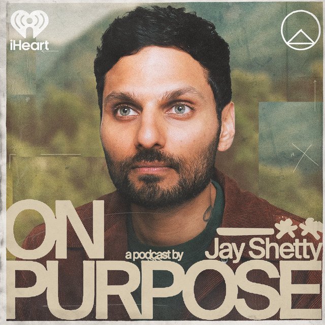 Jay Shetty, with a beard and intense eyes, on the cover of his 'On Purpose' podcast.