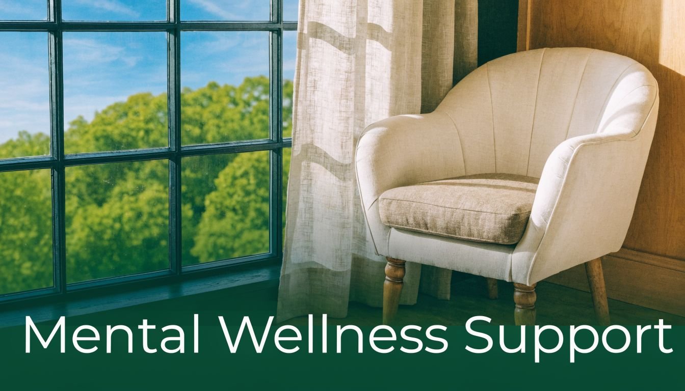 A comfy armchair by a window with green trees and blue sky, displaying 'Mental Wellness Support' text.
