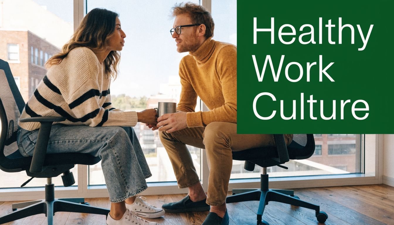 Two colleagues having a conversation in a bright office, promoting a healthy work culture.