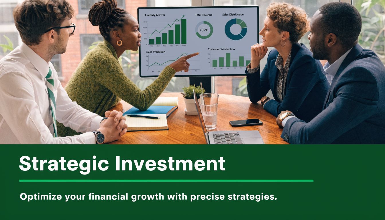 A diverse group of professionals reviewing financial charts and data on a monitor during a business meeting.