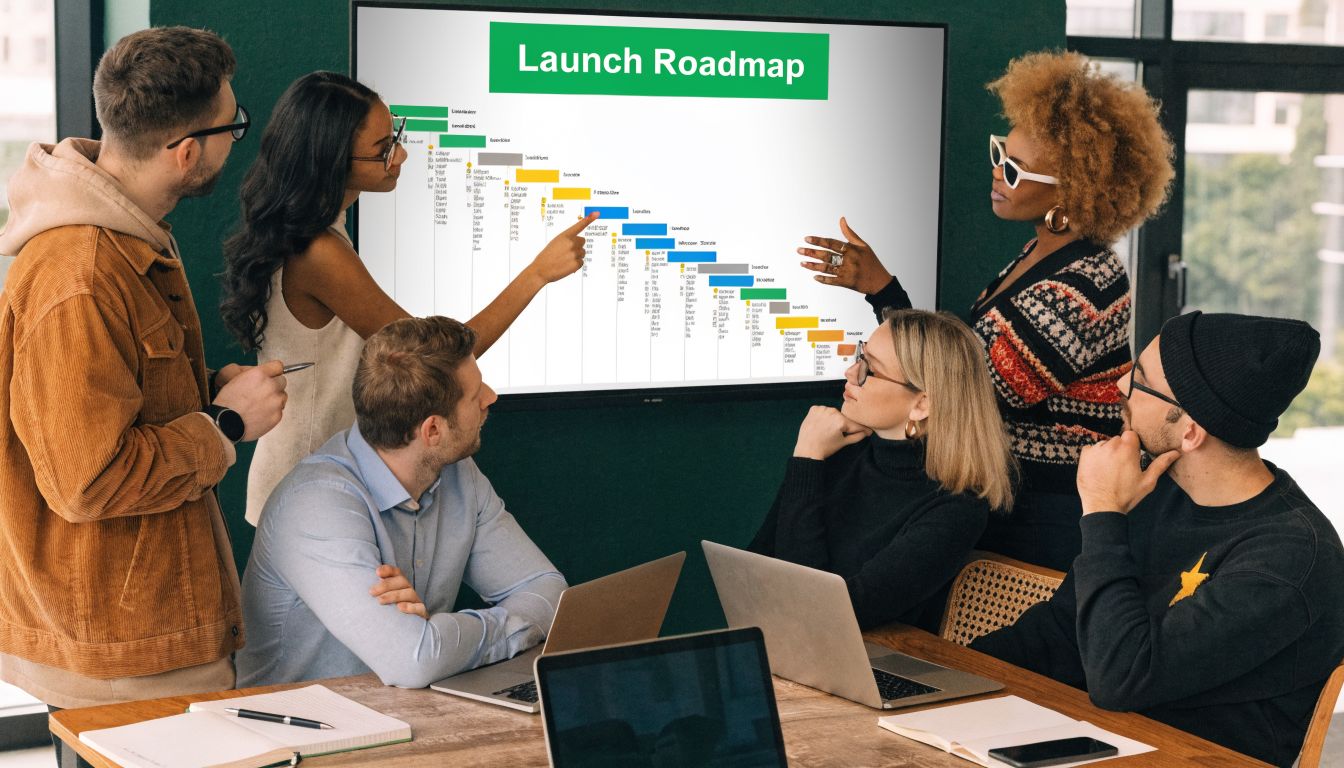 A diverse team of professionals collaboratively discussing a launch roadmap presentation on a large digital screen.