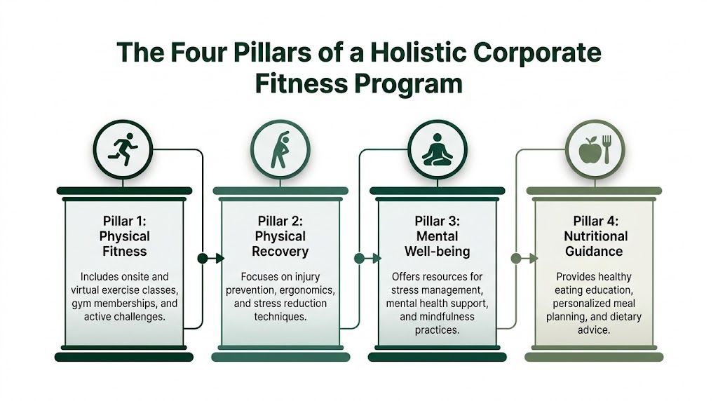 A graphic illustration detailing the four pillars of a holistic corporate fitness program for employee wellness.