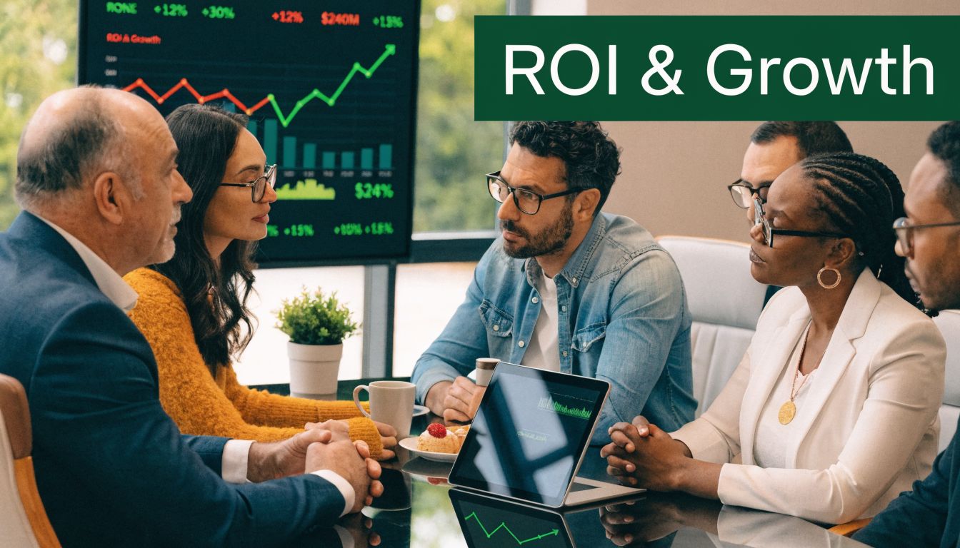 A diverse group of business professionals sitting around a conference table discussing ROI and growth metrics.