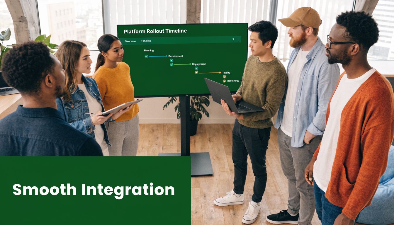 A diverse group of professionals reviewing a digital platform rollout timeline on a large monitor during meeting.