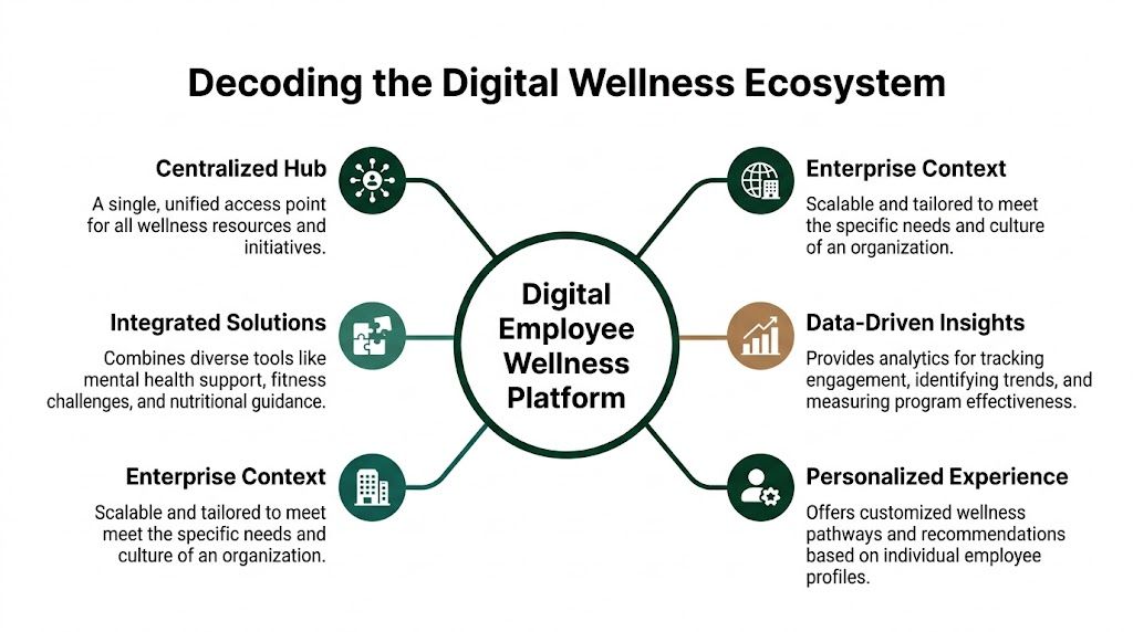 A diagram illustrating the key components of a digital employee wellness platform, including centralized hubs and personalized experiences.