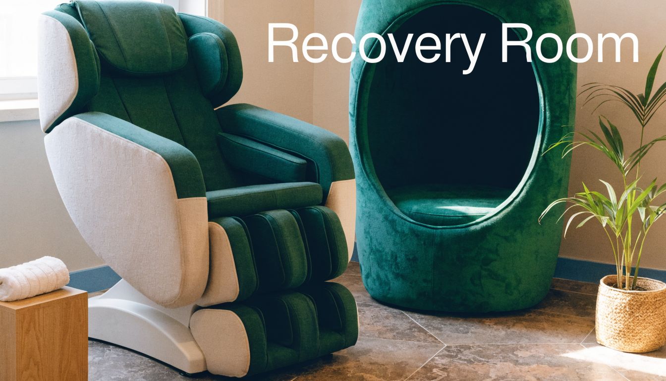 A relaxing recovery room featuring a green massage chair and a velvet egg-shaped lounge chair.