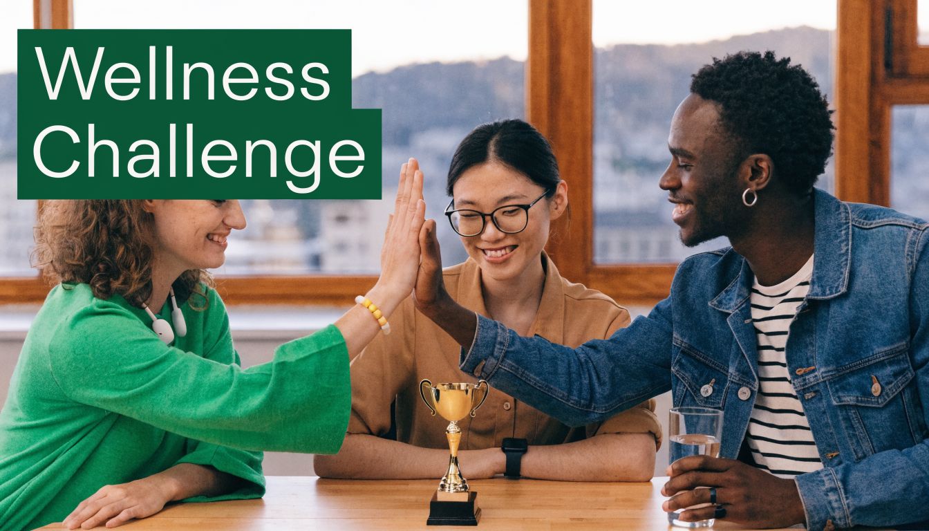 A diverse group of colleagues celebrating their success with a high five around a golden trophy.