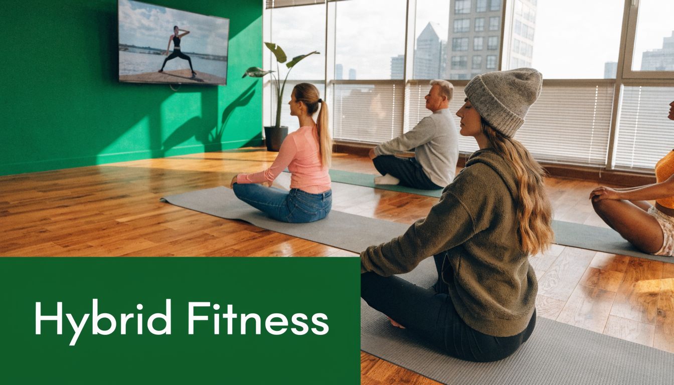 A group of employees practicing meditation in a modern office gym with a virtual instructor on screen.