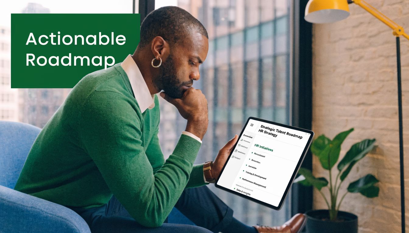 A professional man reviewing a strategic talent HR roadmap on a tablet in an office setting.