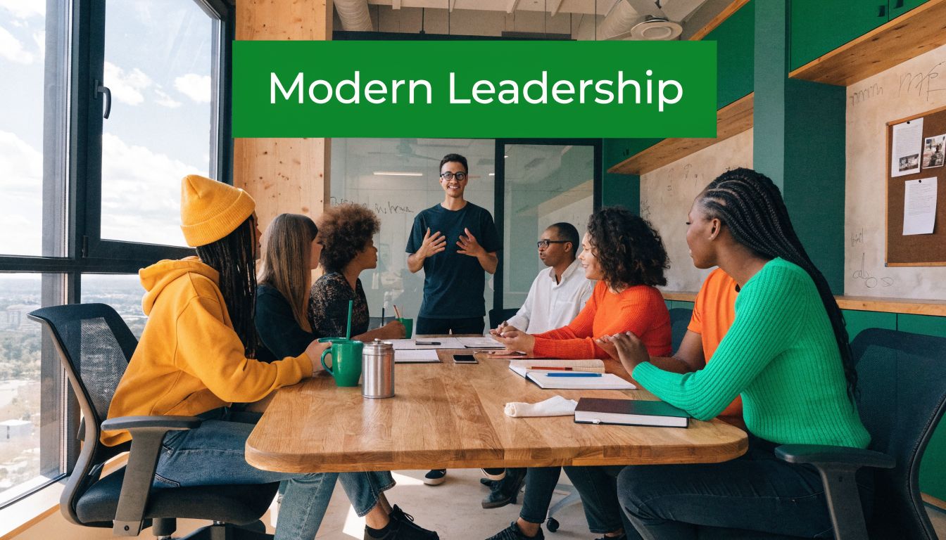 A diverse group of professionals collaborating in a modern office meeting with a team leader standing.