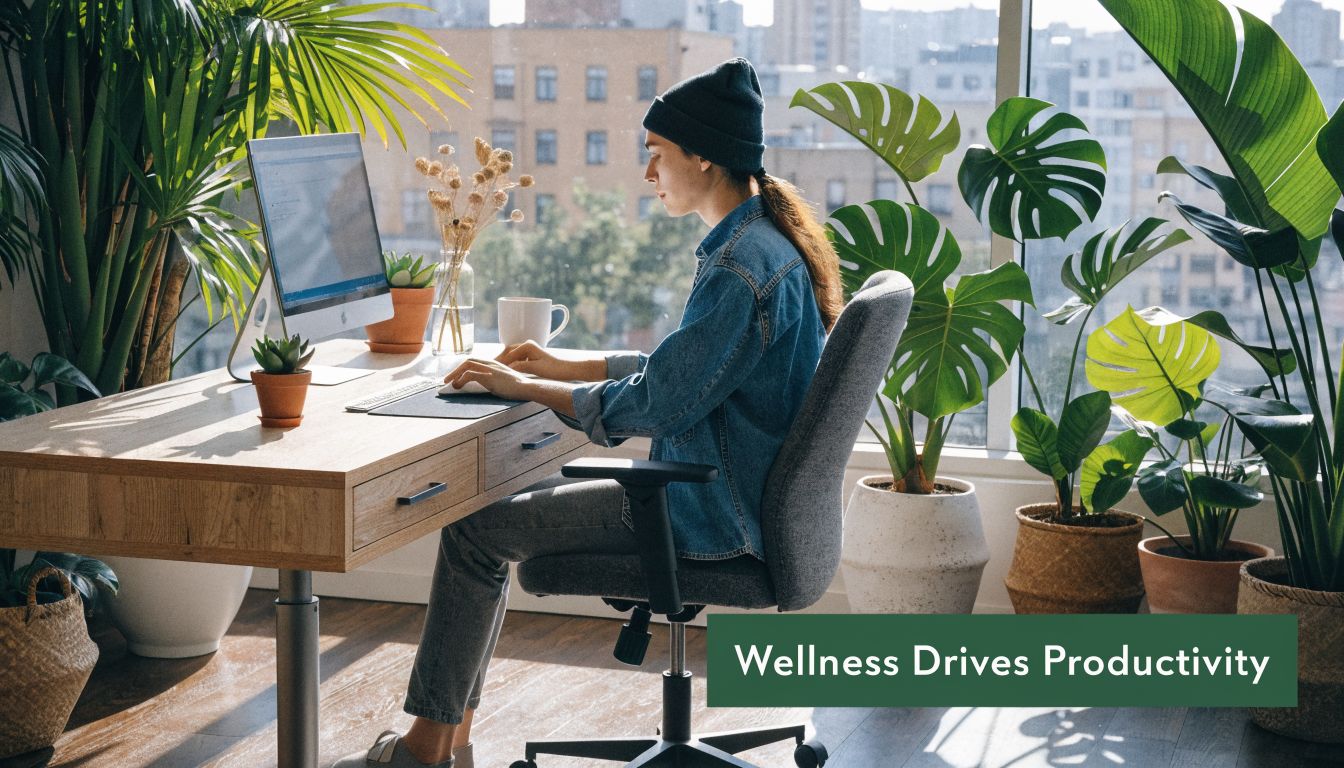 A young person working on a computer at a desk in a bright, plant-filled modern office space.