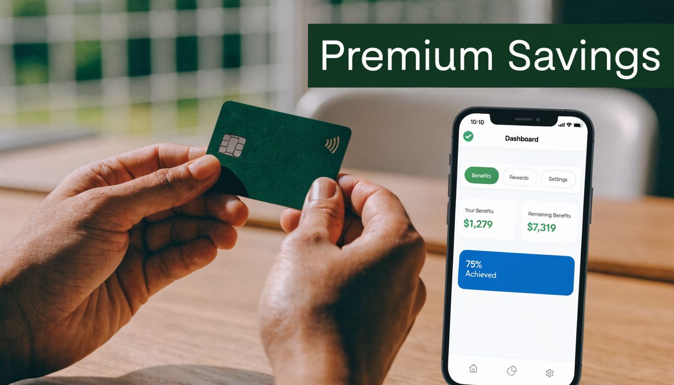 A person holds a dark green payment card next to a smartphone displaying financial benefit information.