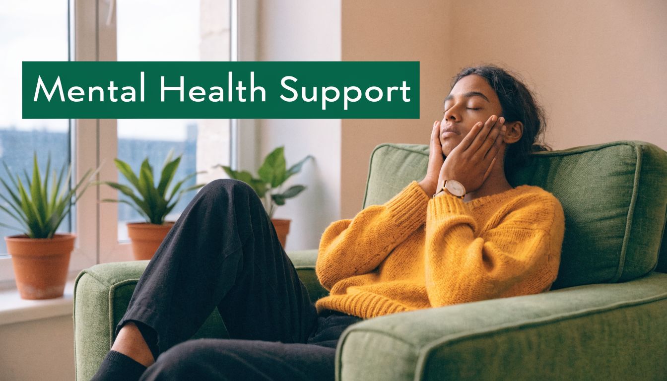 A person sitting in a green armchair with their hands on their face, practicing mindfulness and relaxation.