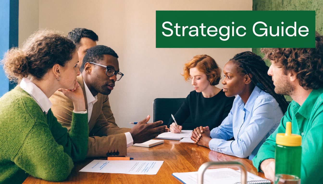 A diverse group of business professionals sitting around a wooden table during a collaborative strategy meeting.