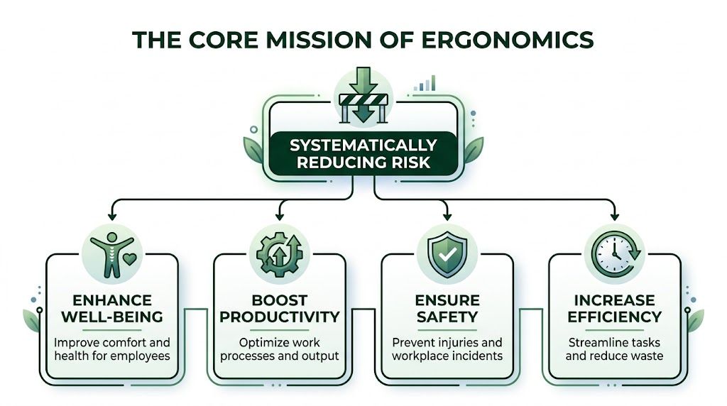 An infographic titled The Core Mission of Ergonomics, illustrating how systematically reducing risk enhances well-being, productivity, safety, and efficiency.