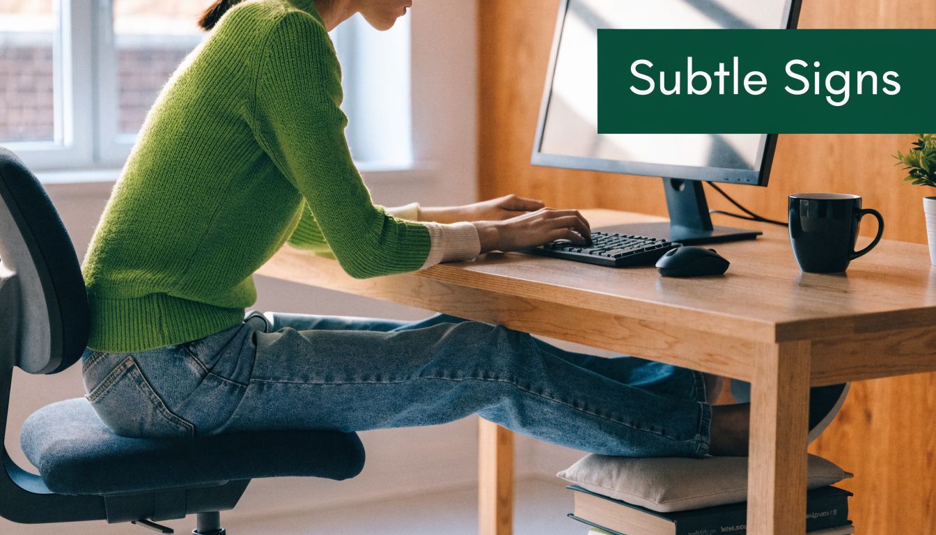 A person sitting at a wooden desk with a computer, using a book and cushion as a footrest.