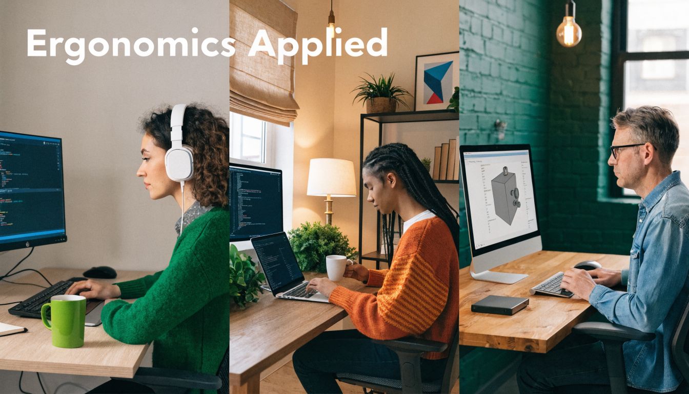 Three professionals working on computers in different office setups highlighting ergonomics for healthy workspace habits.